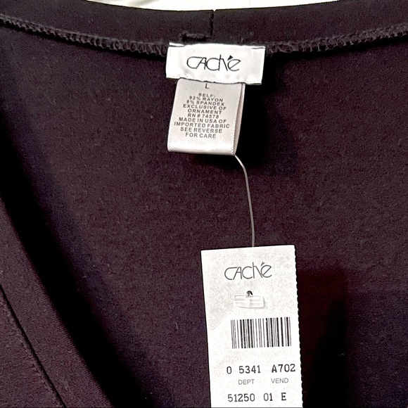 NWT CACHÉ Black Crewneck Dress with Ruche Side. Open 3/4 Sleeve, Size L - Picture 7 of 8